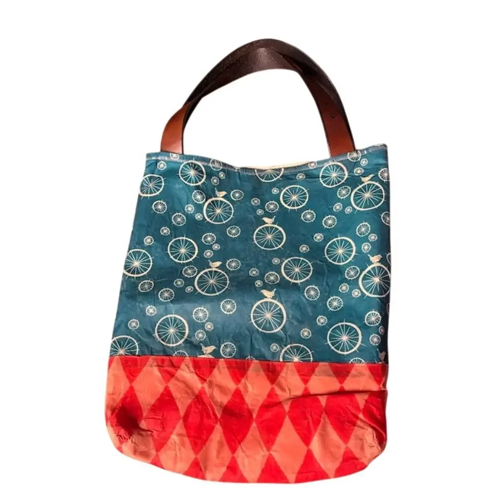 Duncan's Family Jewels Waxed Canvas Tote Bag Bicycle Print Leather Handles Purse